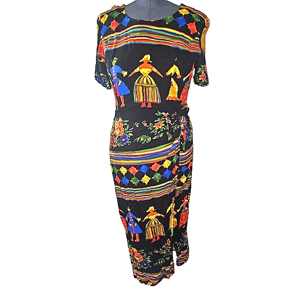 Vintage 80s Sarong Dress 12 Novelty Print Floral Tropical Luau Party maxi dress